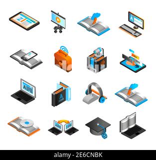 Icone isometriche di e-learning impostate con il CD del portatile e la webcam isolati illustrazione vettoriale Illustrazione Vettoriale