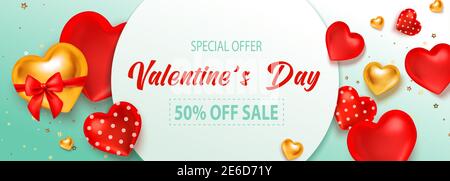 Vendita poster valentino, grande design per qualsiasi scopo. Elementi di disegno vettoriali. Illustrazione tipografica degli eventi di shopping. Vettore 3D realistico, volantino Illustrazione Vettoriale