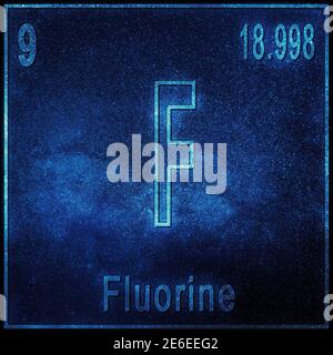 Elemento chimico fluoro, segno con numero atomico e peso atomico, elemento Tavola periodica Foto Stock