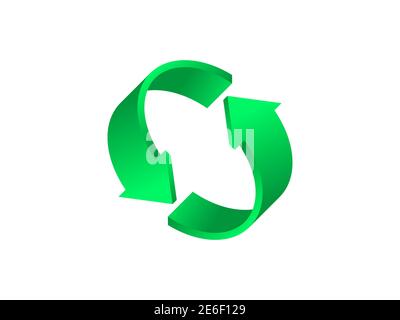 Concetto di conservazione ambientale. Frecce verdi arricciate 3D. Ridurre, riutilizzare, riciclare. Salvare il pianeta. Riciclaggio. Gestione dei rifiuti. Simbolo ecocompatibile Illustrazione Vettoriale