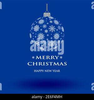 Natale bauble vettore con fiocchi di neve su sfondo blu. Ornamento di Natale o palla con buon Natale e felice anno nuovo testo. Illustrazione Vettoriale