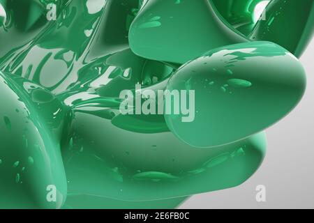 Gocce di liquido verde astratte che spruzzano su uno sfondo bianco - illustrazione, immagine 3D rappresentata generata dal computer Foto Stock