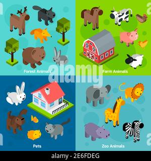 Set di concetto di progettazione degli animali con fattoria forestale isometrica e zoo animali e animali domestici isolato illustrazione vettoriale Illustrazione Vettoriale