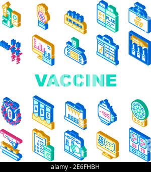 Icone per la raccolta della produzione di vaccini Imposta il vettore piatto Illustrazione Vettoriale