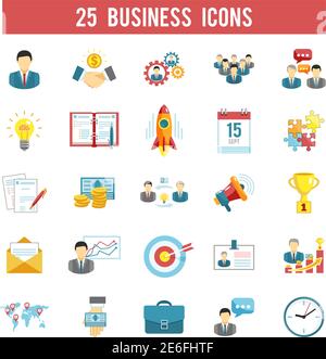 Principi redditizi di successo di startup business per i manager in 25 flat pittogrammi raccolta simboli astratta illustrazione vettoriale isolata Illustrazione Vettoriale