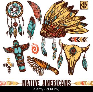 Cofano da guerra tamburello in stile nativo americano con colore piume immagine vettoriale isolata con set di icone decorative Illustrazione Vettoriale