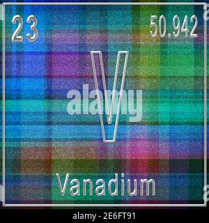 Elemento chimico al vanadio, segno con numero atomico e peso atomico, elemento Tavola periodica Foto Stock