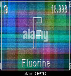 Elemento chimico fluoro, segno con numero atomico e peso atomico, elemento Tavola periodica Foto Stock