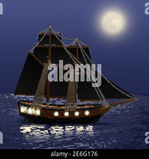 Vintage nave con vele nere a fondo mare di notte vettore illustrazione Illustrazione Vettoriale