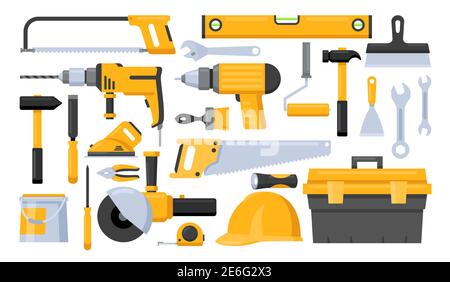 Set di illustrazioni vettoriali per gli strumenti di riparazione. Cartoon giallo strumenti manuali per lavori di ristrutturazione casa costruzione, cassetta attrezzi fai da te, righello sega Illustrazione Vettoriale