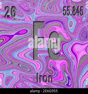 Elemento chimico del ferro, segno con numero atomico e peso atomico, sfondo viola, elemento Tavola periodica Foto Stock