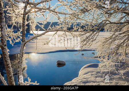 Attraverso una cornice di rami gelidi su un cielo blu e il sole che si riflette in acqua, foto da Vasternorrland Svezia. Foto Stock