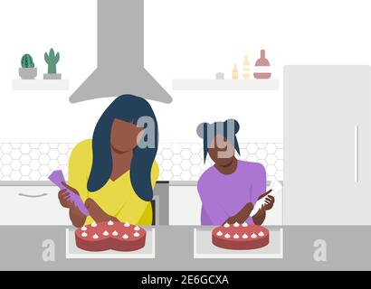 Madre e figlia che cucinano la torta sul tavolo della cucina in cucina. Cucinare insieme in cucina. Laboratorio di cottura. Chef freelance, pasticciere. Lavoro da Illustrazione Vettoriale