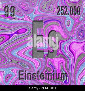 Elemento chimico di einsteinio, segno con numero atomico e peso atomico, sfondo viola, elemento Tavola periodica Foto Stock