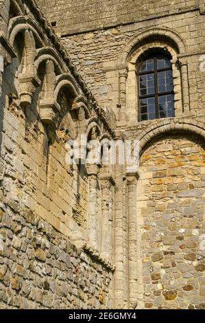 Castello Rising castello, un edificio normanno del 12 ° secolo, Norfolk, Regno Unito; primo piano di dettagli architettonici ciechi arcade Foto Stock