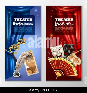 Gli striscioni verticali realistici del teatro sono dotati di simboli di performance e produzione illustrazione vettoriale isolata Illustrazione Vettoriale