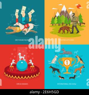 Dog Breeds design concept set con corse e caccia circensi animali icone piatte illustrazione vettoriale isolata Illustrazione Vettoriale