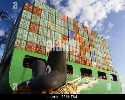 Nave del contenitore ai moli di Felixstowe in attesa di essere caricata da una gru Foto Stock