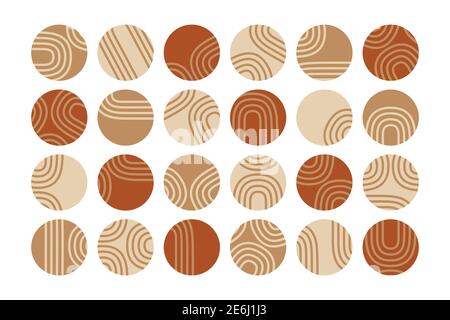 Un insieme di 24 storie vettoriali alla moda mette in risalto le copertine in caldi colori marrone, beige e crema con linee astratte. Moderno e minimalista boho social media run Illustrazione Vettoriale