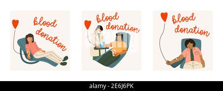 Set di illustrazioni vettoriali sul concetto di donatore di sangue. Uomini e donne donano il sangue volontariamente. Un infermiere o un medico in un uniforme medica e un protettivo Illustrazione Vettoriale