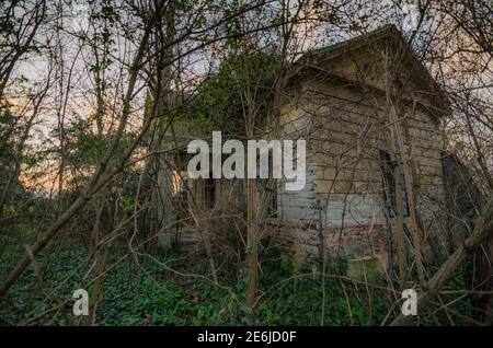 vecchia casa di caccia in rovina nella foresta Foto Stock