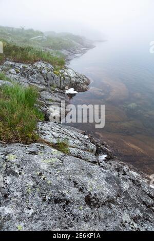 Nebbia fitta sul lago Soddatjorna a Forsand, Norvegia Foto Stock