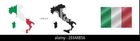 Italia. Mappa con bandiera mascherata. Silhouette dettagliata. Bandiera ondulata. Illustrazione vettoriale isolata in bianco. Illustrazione Vettoriale