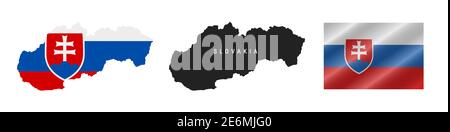 Slovacchia. Mappa con bandiera mascherata. Silhouette dettagliata. Bandiera ondulata. Illustrazione vettoriale isolata in bianco. Illustrazione Vettoriale