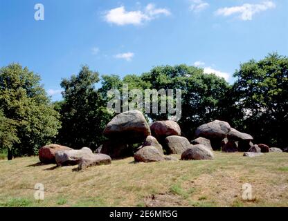 Vecchia tomba di pietra come un grande dolmen a Drenthe, Olanda, chiamato in olandese un Hunebed Foto Stock