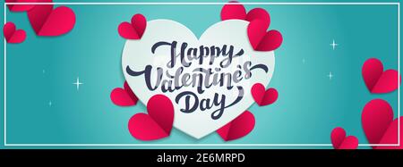 Banner o copertina orizzontale vettore Love Day. Buon giorno di San Valentino saluto con i cuori in stile taglio di carta. Illustrazione vettoriale Illustrazione Vettoriale