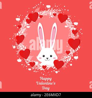 Carino coniglio bianco con cuore rosso felice San Valentino card illustrazione vettoriale Illustrazione Vettoriale