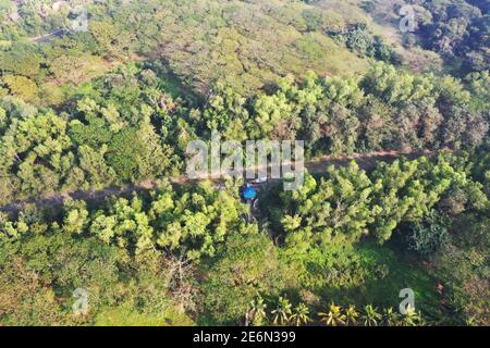 Bagerhat, Bangladesh - 21 gennaio 2021: Vista aerea della foresta di mangrovie Sundarban, un sito patrimonio dell'umanità dell'UNESCO e un santuario della fauna selvatica a Chandp Foto Stock