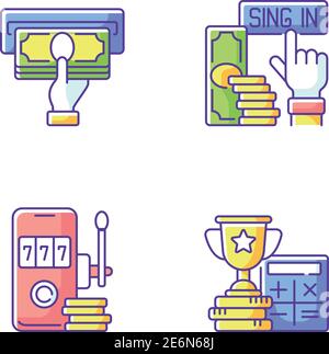 Scommettere su sport RGB colori icone set. Fare profitto dalla scommessa. Bonus di registrazione. Gioco d'azzardo virtuale. Ricezione del pagamento. Premio finanziario una tantone. Riproduzione c Illustrazione Vettoriale