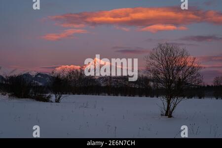 Evening sunset red colored view of mount famous Krivan peak (2494m) winter view - symbol of Slovakia in High Tatras mountains, Slovakia. Foto Stock