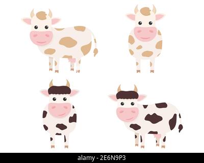 Carino mucche Charapprovvigiona insieme. Animali da fattoria cartoni animati. Illustrazione vettoriale isolata in bianco Illustrazione Vettoriale