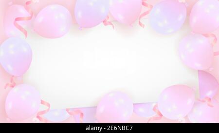 Sfondo rosa da palloncini d'aria realistici con un foglio di carta vuoto. Modello per la celebrazione del buon compleanno, San Valentino, matrimonio Illustrazione Vettoriale