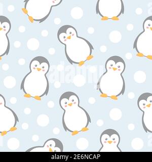 Pinguini modello senza giunture. Personaggio dei pinguini cartoon con fiocchi di neve. Vettore cute inverno illustrazione sfondo blu Illustrazione Vettoriale