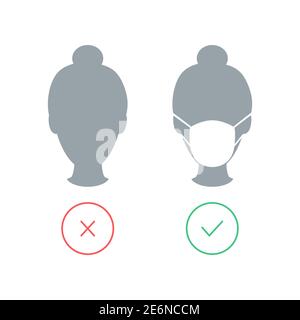 Donna testa con maschera protettiva. Nessuna voce senza icona maschera facciale. Concetto di coronavirus. Vettore isolato su bianco. Illustrazione Vettoriale