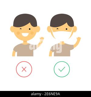 Simpatico ragazzo divertente indossare con maschera medica e senza. Bambino nel poster della maschera fumé. Immagine piatta vettoriale isolata su sfondo bianco. Illustrazione Vettoriale