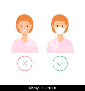 Le donne indossano con maschera medica e senza. Mascherare il poster piatto richiesto. Immagine piatta vettoriale isolata su sfondo bianco. Illustrazione Vettoriale