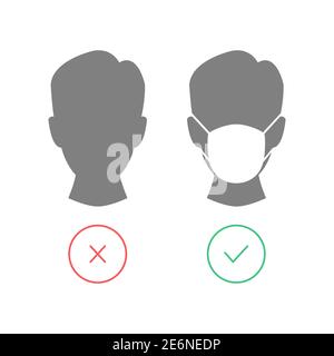 Testa uomo con maschera protettiva. Nessuna voce senza icona maschera facciale. Concetto di coronavirus. Vettore isolato su bianco. Illustrazione Vettoriale