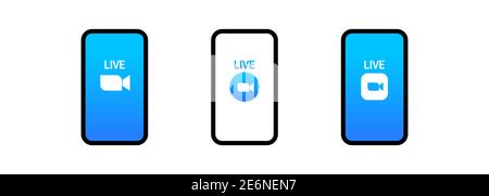 Icona blu della telecamera impostata. Videochiamata in conferenza. Applicazione Live Media Streaming. Illustrazione Vettoriale