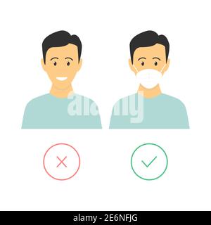 Uomo indossare con e senza maschera medica. Persone in maschera di influenza per poster. Maschera simbolo piatto richiesto. Immagine piatta vettoriale isolata su sfondo bianco Illustrazione Vettoriale