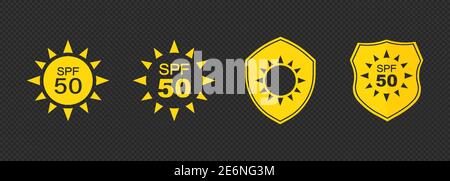 Set di semplici icone piatte di protezione solare SPF per il confezionamento della protezione solare. Protezione UV per la pelle. Icone per prodotti per la protezione solare o altri cosmetici per la pelle. Illustrazione Vettoriale