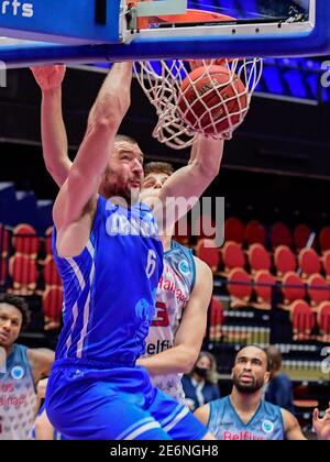 DEN BOSCH, PAESI BASSI - GENNAIO 29: Skylar Spencer di Belfius Mons-Hainaut incatenato durante la partita della Coppa Europa FIBA tra Belfius Mons-Hainaut e Iraklis BC a Maaspoort il 29 Gennaio 2021 a Den Bosch, Paesi Bassi (Foto di Bert van Berkum/Orange Pictures) Credit: Orange Pics BV/Alamy Live News Foto Stock