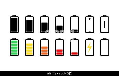 Batteria con diversi livelli di carica, icone impostate. Vettore su sfondo bianco isolato. EPS 10 Illustrazione Vettoriale