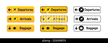 Partenze, arrivi, set di cartelli per l'aeroporto dei bagagli. Per l'utilizzo per identificare la direzione di vari luoghi e scopi intorno a un aeroporto. EPS vettoriale 10 Illustrazione Vettoriale