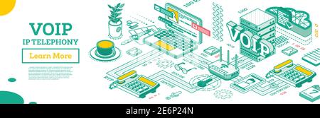 SERVIZI di telefonia IP VOIP. Concetto di contorno isometrico. Schema di configurazione del sistema. Telefono IP, router e notebook. Dispositivi con supporto IP. Illustrazione Vettoriale