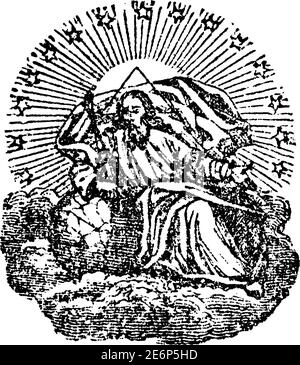 Dio o Signore seduto sul trono in cielo. Antica incisione religiosa cristiana d'epoca o illustrazione di disegno. Illustrazione Vettoriale