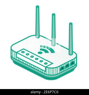 Router di rete isometrico. Illustrazione vettoriale. Router wireless WiFi Outline con antenne isolate in bianco. Illustrazione Vettoriale